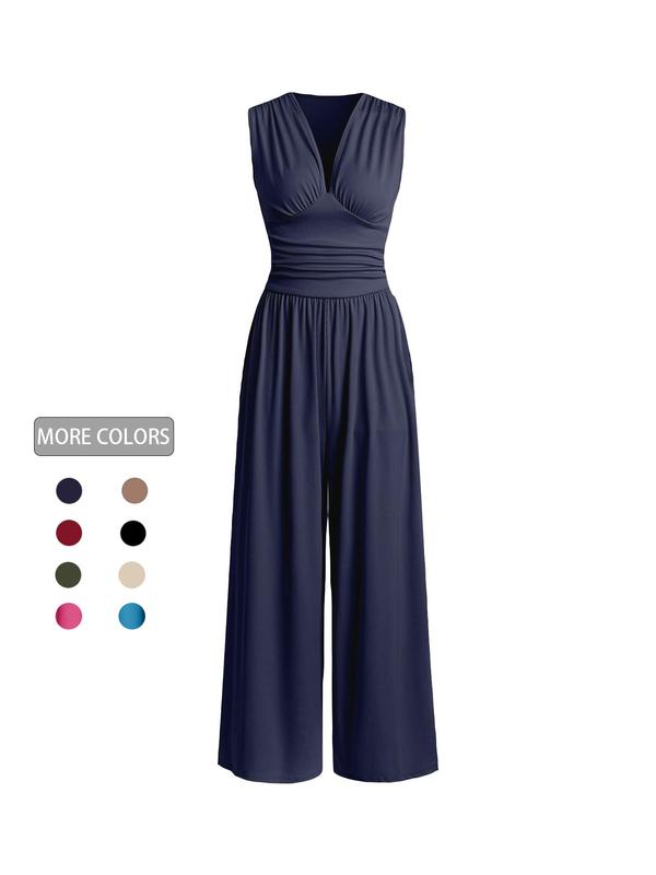 Women's Plain Ruched Deep V Neck Ribbed Fitted Jumpsuit, Elegant Minimalist Sleeveless Wide Leg Jumpsuit for Summer, Ladies Clothes for Beach Holiday Vacation