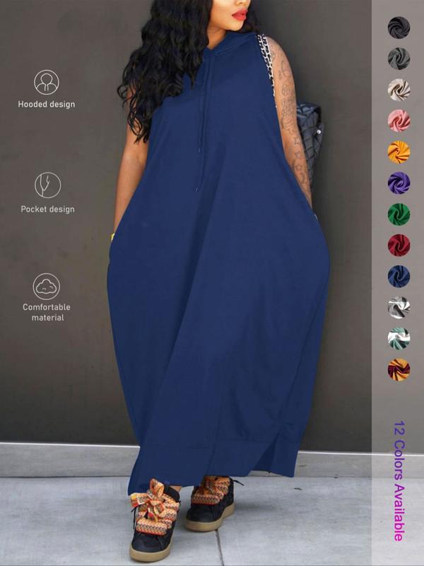 Women's Plain Drawstring Hooded Tank Dress, Casual Basic Pocket Sleeveless Dress for Summer, Fashion Women's Clothing for Daily Wear, Casual Chic Dress