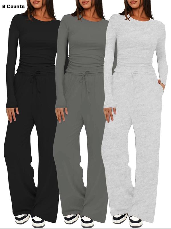 Women's Solid Ruched Drawstring Knitting Loungewear Set, Casual Long Sleeve Round Neck Top & Pocket Wide Leg Trousers, Ladies Sleepwear Pajama for All Seasons
