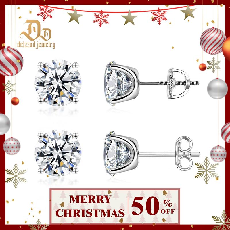 Delzzad 14k Gold-Plated Solitaire Four Prong Earrings Screw Back/Butterfly Back Lab-Created Moissanite Stud Earring S925 Sterling Silver Moissanite Jewelry Perfect Birthday Mother’s Day Christmas Gift for Men Women Wedding Set