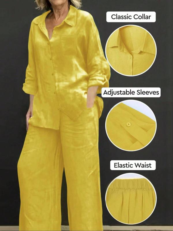 Women's Solid Color Long Sleeve Shirt & Wide Leg Pants Set, Casual Fashion Cozy Breathable Two-piece Outfits for Daily Outdoor Wear, Women Clothes Womenswear for Spring Fall