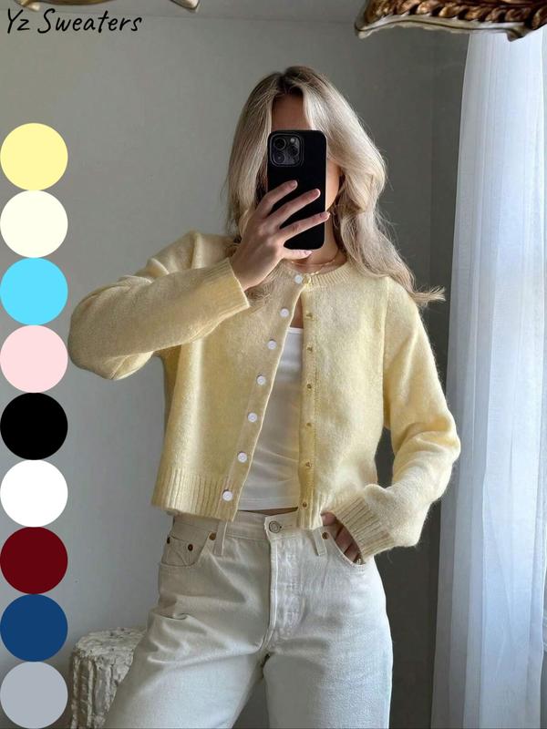 Women's Solid Color Button Front Cardigan, Casual Long Sleeve Knitwear for Spring & Fall, Fashion Women's Knit Clothing for Daily Wear