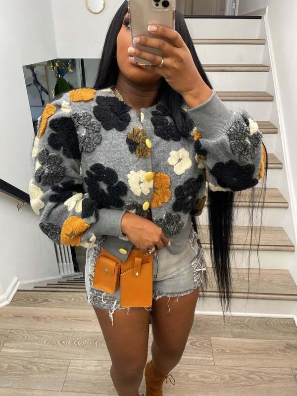 Women's Floral Jacquard Button Front Jacket, Casual Long Sleeve Round Neck Outerwear for Daily Wear, Ladies Clothes for All Seasons