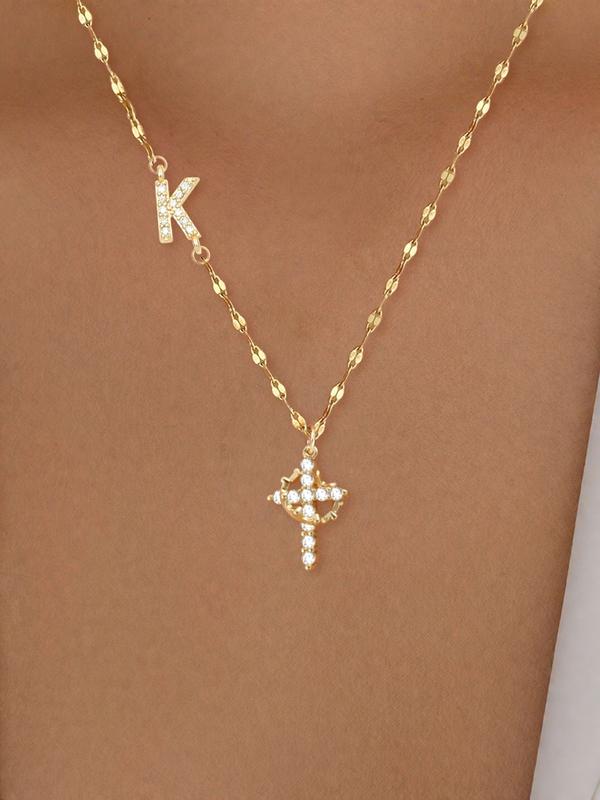 Women's Stainless Steel Statement Letter Necklace with Zirconia Cross Crown Initial Pendant, Casual Fashion Lip Chain Jewelry for All Seasons
