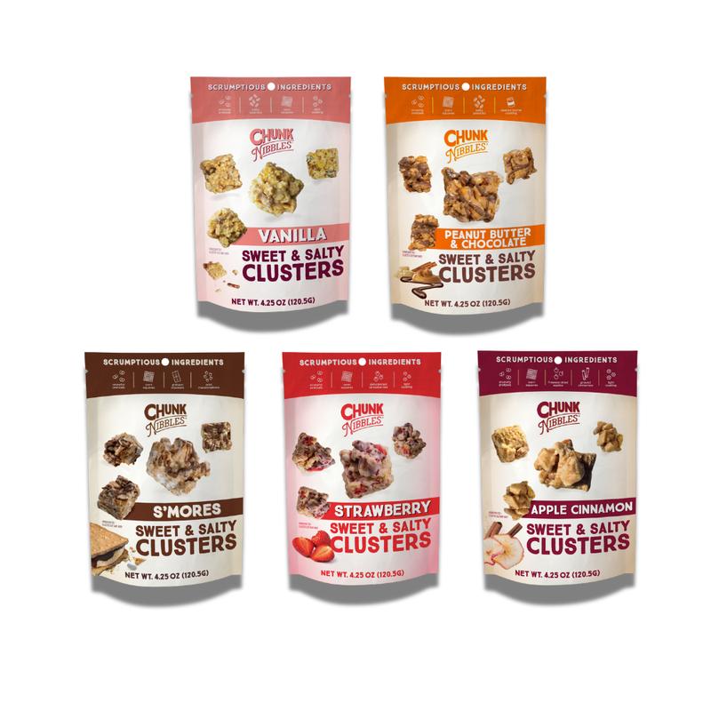 Chunk Nibbles Snack Clusters Snack Bundle | 5 Unique Flavors - Peanut Butter Chocolate, S'mores, Vanilla, Apple Cinnamon, Strawberry | 4.25oz Bags | Sweet & Salty Cluster Bites