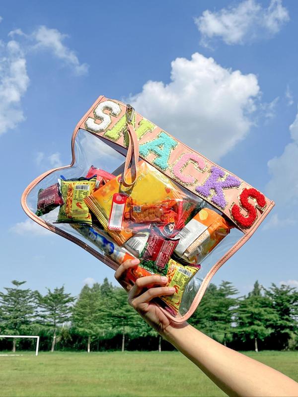 Large Clear PVC Snack Bag with Chenille Letters, Beach Travel Storage Pouch, Zipper Pouches for Snacks, Toiletries & Personal Items, Portable Travel Accessory
