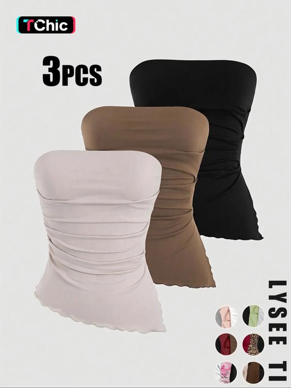 2026 Valentine's Day Women's 3-Piece Autumn/Winter Tube Top Set, Casual Fashion Sports Multicolor High-Elastic Tops with Lettuce Trim