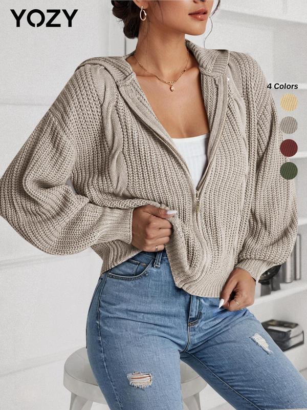 YOZY Textured Drop Shoulder Zip Up Hooded Cardigan, Casual Long Sleeve Cardigan Sweater, Women's Autumn & Winter Clothes for Daily Wear, Evening Tops, Fall & Winter Clothes, Year End Sale, Valentine's Day Gift for Girl