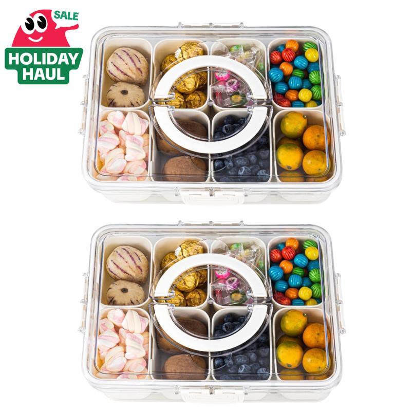 Snackle Box Container with Lid Travel Charcuterie Box with Handle Organizer for Candy, Fruit, Nuts, Veggies, Snacks, Beach Essentials, Portable Lunch Box (Pink, Blue, White)