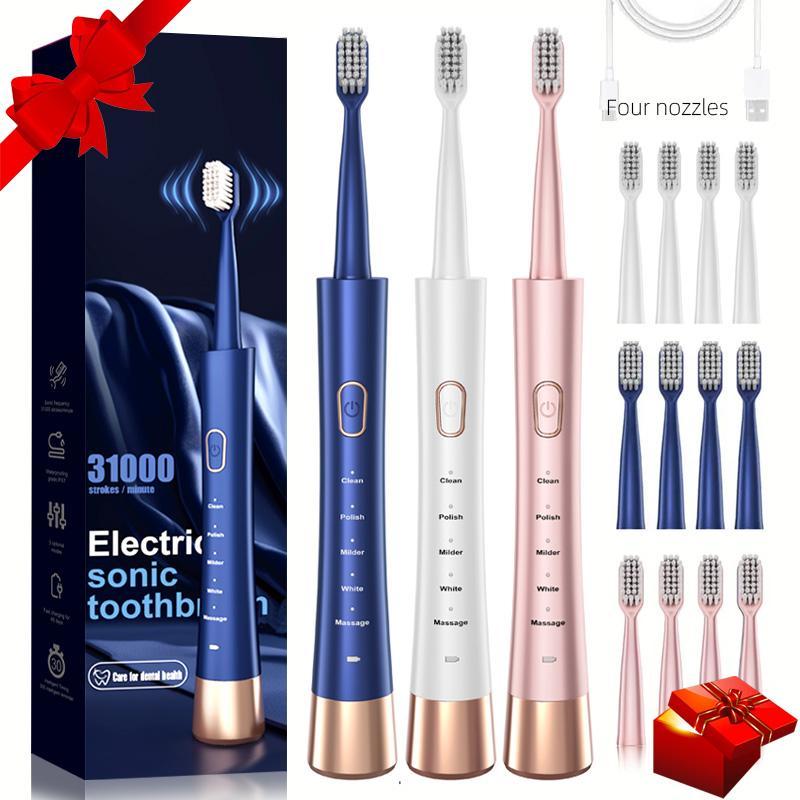 Electric USB Charging Toothbrush, 1Â CountÂ Soft Bristles Toothbrushes & 4 Counts Brush Head & 1Â CountÂ Charging Cable, Intelligent Cleaning Toothbrushes, Gift