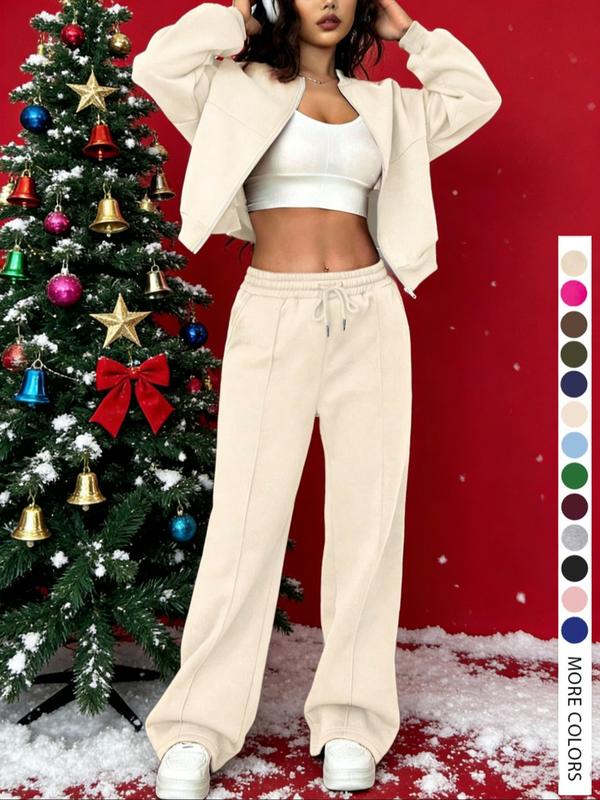 【LovelyWholesale】Women's Casual Striped Long Sleeve Zipper Cropped Jacket and Pants Set, Airport Wear, Fitted Natural Waist,Ladies Clothes for All Seasons