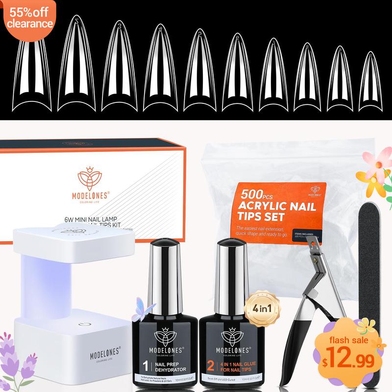 Modelones Soft Gel Manicure Nail Tips starter all-in-one Full Cover Clear 4 In 1 Nail Glue with uv lamp nail-clipper dehydrate GEL-X Extension Nail Tips Kit Set home DIY Nail Art 500Pcs#TikTokShopBlackFriday