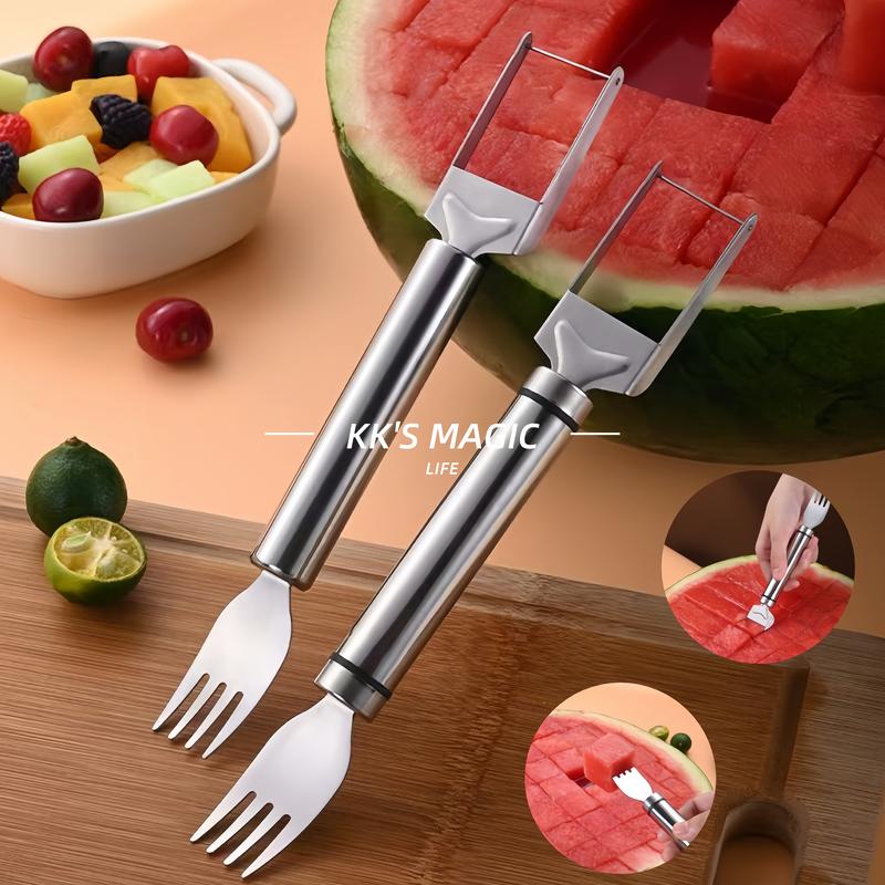 【2 Pack】Watermelon Fork Slicer,Watermelon Slicer Cutter,Watermelon Cube Cutting Tool, 2-in-1 Stainless Steel Fruit Cutter, Dual Head Fruit Forks Slicer Knife with Round Handle,Fruit Cutting Kitchen Utensils,Kitchen Gadgets,Portable Modern