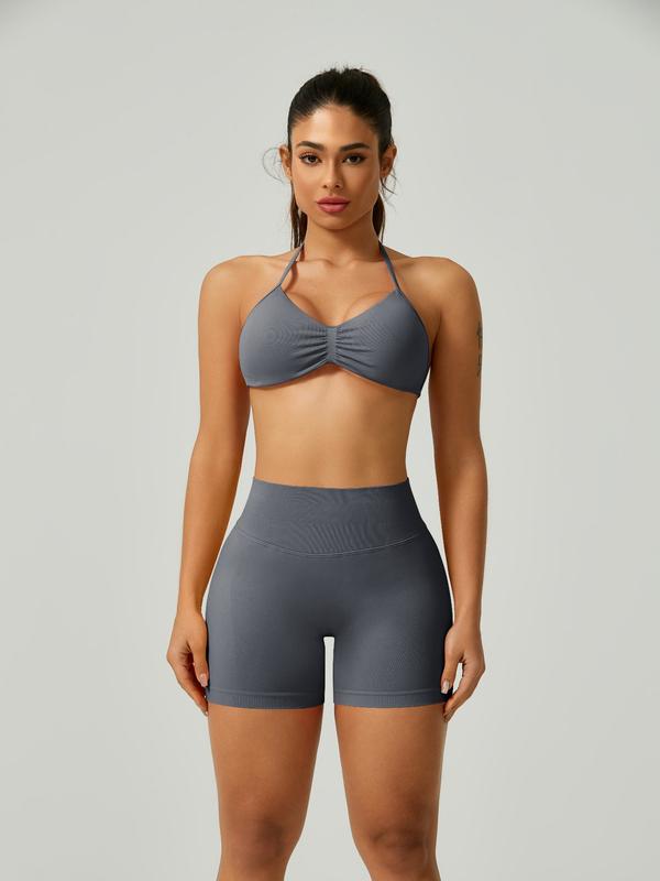 Women's Solid Crop Sports Bra & High Waist Shorts Sports Clothing Set, Fitness Clothing, Sporty Breathable Comfortable Seamless Outfits for Yoga Gym Workout Running, Ladies Sportswear for All Seasons Clothes
