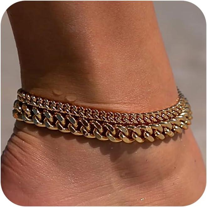 FREEKISS Chunky Cuban Link Chain Anklet for Women Waterproof Adjustable Length 8.5+2 Inch Fashion Chic Accessories Trendy Layered Anklet Set Jewelry Gift outdoorfun