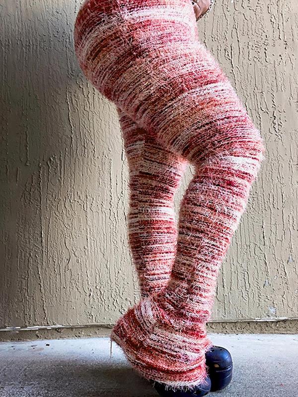 Women's Striped Print Fit Flare Leg Fuzzy Jersey Sweater Pants, Womenswear Casual Street Comfy Knit Bell Bottom Trousers For Fall & Winter, Women's Knitwear For Daily Wear