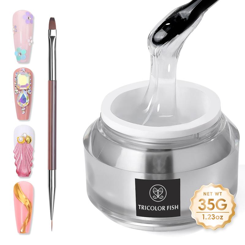 TRICOLOR FISH Nail Rhinestone Glue Gel with Brush Pen Set, 35G Top Coat Clear Nail Gem Glue Wipe-Off Super Strong Adhesive Nail Art Glue Gel for Nail Decorations 3D Stones Charms Flowers, Nail Lamp Neede,summerwins
