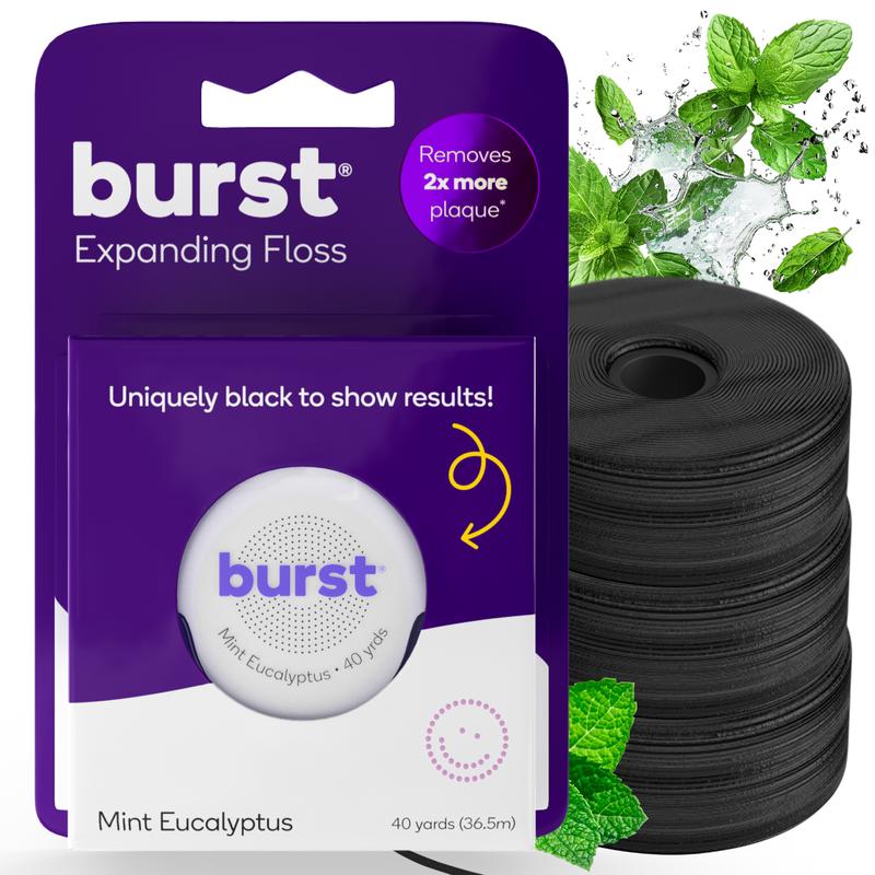 BURST Expanding Dental Floss - Black Expanding,Stain-Absorbing, Woven Floss, Vegan, Paraben Free, Mint Eucalyptus, Removes Plaque