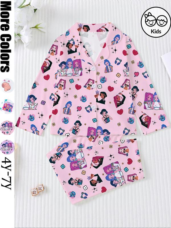 Kids' 2-Piece K-Pop Demon Hunter Print Sleepwear Set in Fire-Retardant Fabric, Cute Casual Party Pajamas for Boys & Girls, Long-Sleeve Top & Loose-Pants