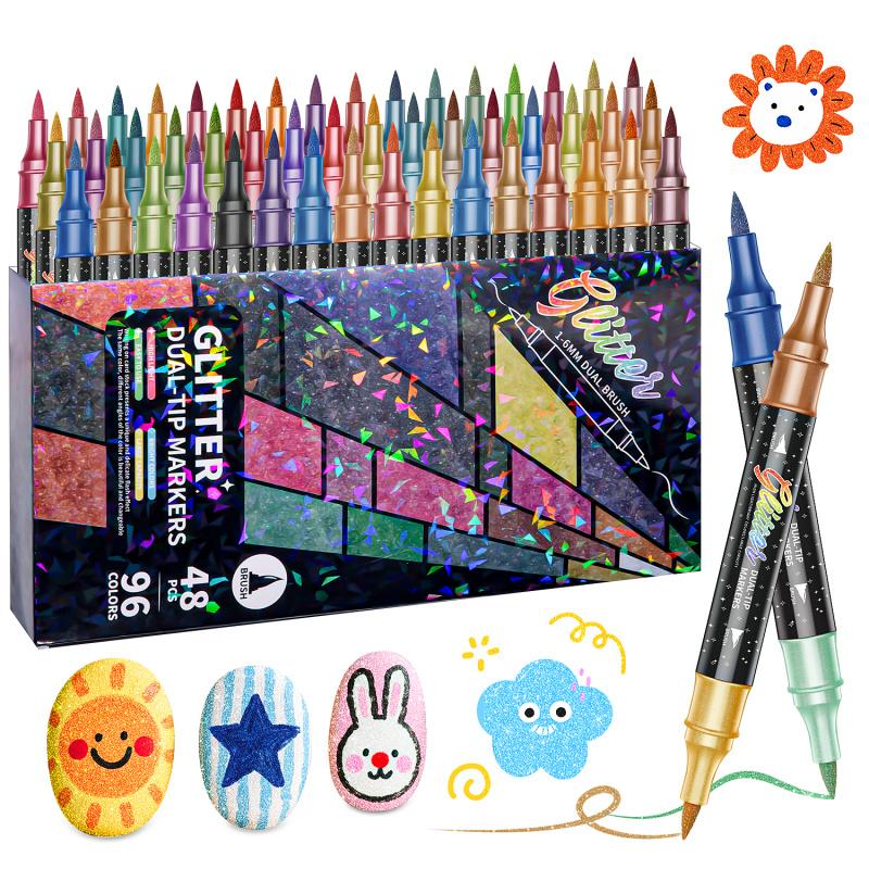 24/48/72/96/120 Colors Glitter Effect Brush Markers,Dual Tip Dual Color 1-5mm Soft Brush Shimmer Marker for Doodle Writing, Glitter Art Crafts Adults DIY Crafts Greeting Birthday Cards Making