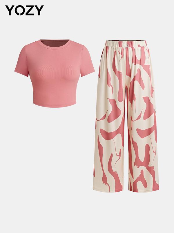 YOZY Valentine's Day Gift for Girl, Solid Crop Top & All Over Print Pants Set, Casual Trendy Round Neck Tee & Loose Pocket Trousers, Women's Wear for Spring & Summer & Fall, Fall & Winter Outfits, Valentine's Day Outfit