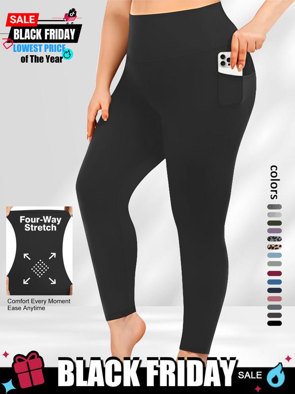 Plus Size Solid High Waist Sports Comfy Gym Workout Leggings with Pocket, Summer Outfits, Casual High Stretch Skinny Pants for Women, Soft Comfortable Women's Bottoms for All Seasons, Stretchy Workout Leggings