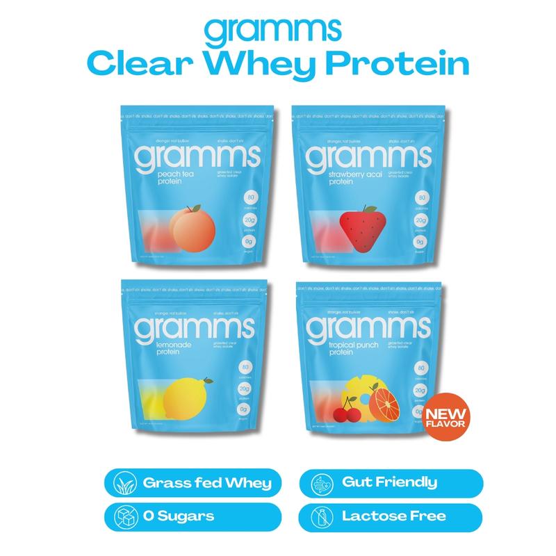 Gramms Clear Whey Protein Powder - Tastes Like Lemonade, Not a Shake - 20g Protein, 0g Sugar, 80 Cal - Lactose Free, No Sucralose, 100% Grass Fed European Whey