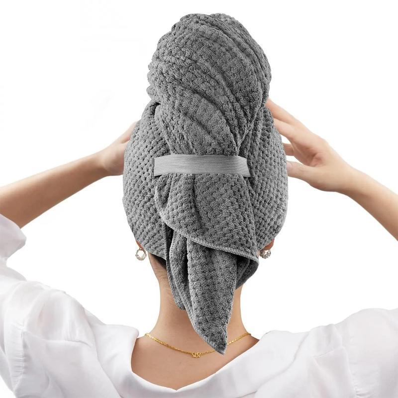 Hair Drying Towel, Solid-Colored Soft & Absorbent Microfiber Hair Wrap with Elastic Strap, Large Hair Turban Towel for Wet Hair, Travel Towels
