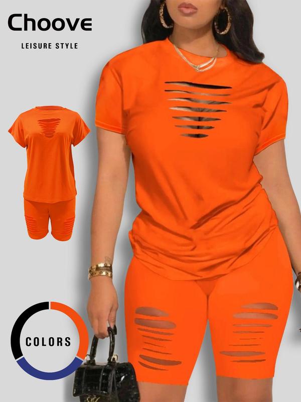 Women's Sexy Hollow Out T-Shirt and Shorts Set, Soft High Stretch Fitted Fabric, Casual Slim Fit, Short Sleeve, Plain Pattern, Two Piece, Matching Outfit, Womenswear