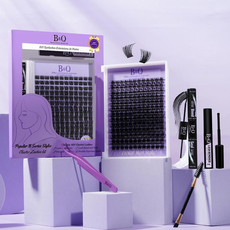 B&Q Lash Clusters Kit, B19 DIY Eyelash Extension Kit, 156pcs Waterproof Lash Clusters Extension with Bond and Seal, Remover, Applicator Tool At Home