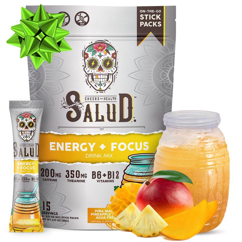 Salud 2-in-1 [Energy + Focus – Piña Mango] Clean Energy Drink Mix, Agua Fresca, Organic Caffeine (200mg), L-Theanine (350mg), B6 & B12, Non-GMO, Gluten Free, Vegan, Low Calorie, 1g Sugar (15 Servings)