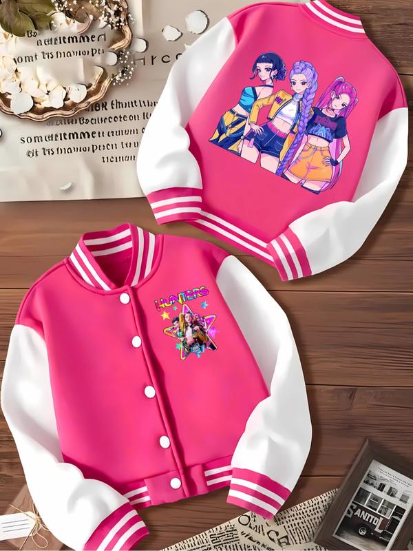 Girls' Short Baseball Jacket, Cartoon Girl Pattern, Playful Prints, Elastic Fabric, Preppy Style, Fall & Winter Outerwear, Kids' Sports Clothing
