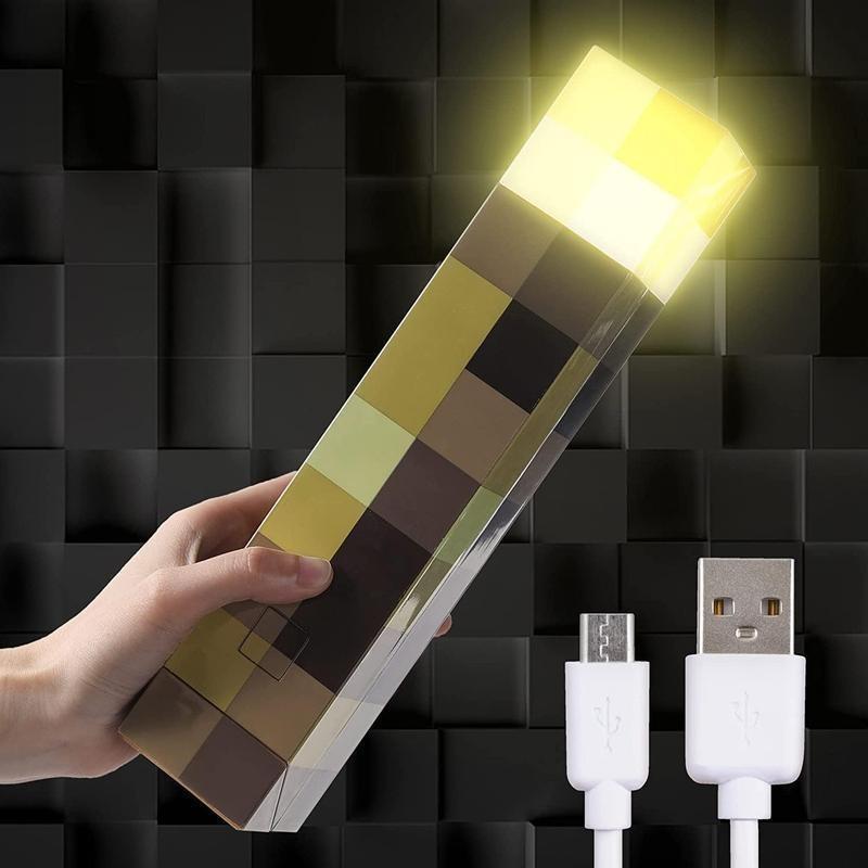 Upgraded Light-up Wall Torch - Pixel Brownstone Torch Lamp - USB Pluggable Night Lamp - Hand Held or Wall Mount Lighting Torch