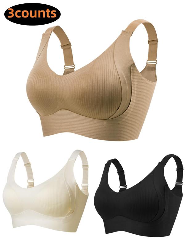 Women's Solid Four-Row Hook Adjustable Supportive Wireless Bra, Solid Basic Bra, Soft Comfortable Breathable Ribbed Push-Up Seamless Bra, Soft Comfy Bra, Women's Lingerie for All Seasons