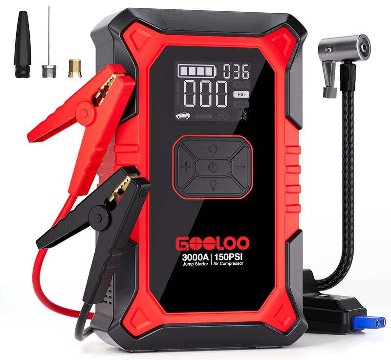 GOOLOO A3 Portable Car Jump Starter with Air Compressor, 3000A Car Battery Jump Starter (9.0 Gas/6.5L Diesel) with 150PSI Digital Tire Inflator Repair Tool Kit Vehicle. fathersdaygift