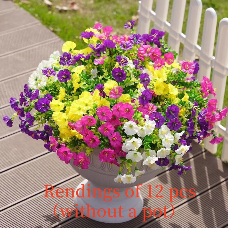 12 Pieces Artificial Flowers, 7-Head Eucalyptus Morning Glory Bouquet, Home Garden Outdoor Decor, Realistic Fake Flowers for Decoration