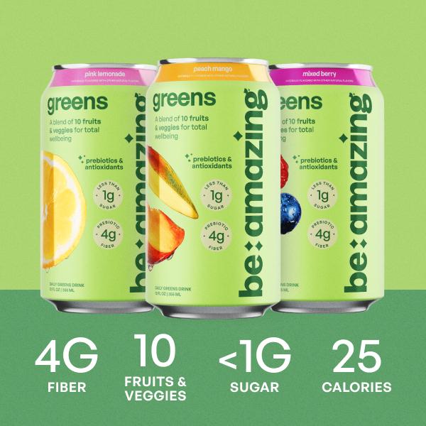 Be Amazing Organic Daily Greens Fruit Juice Beverage - 10 Organic Fruits & Vegetables, 4g Prebiotic Fiber, Natural Vitamin-Rich, Flavors: Raspberry Lime, Pink Lemonade, Peach Mango, Mixed Berry