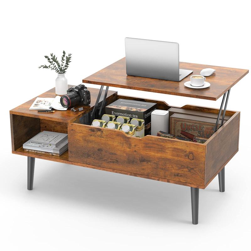 Wooden Center Table, Fluted Lift Top Coffee Table with Hidden Compartment, Modern Lift Tabletop for Home Living Room Office