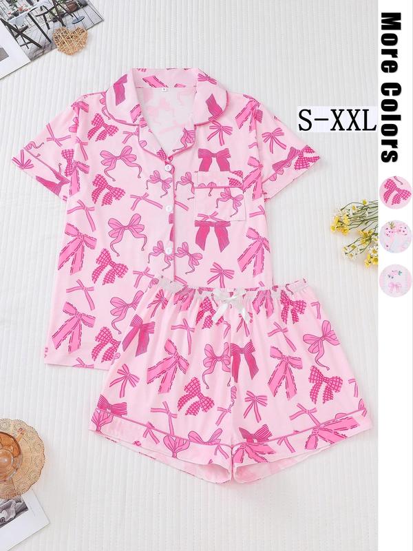 Two-Piece Set Women's All Over Bow Print Pocket Button Front Shirt & Bow Decor Shorts Pyjama, Casual Comfy Short Sleeve Lapel Top & Elastic Waist Shorts PJ Set, Ladies Summer Sleepwear Pajama Set