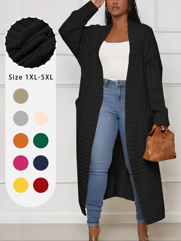 Plus Plain Textured Drop Shoulder Cardigan, Casual Long Sleeve Pocket Coat for Women, Women's Plus Clothing for Spring & Fall