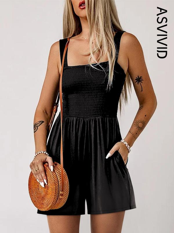 Women's Plain Pocket Shirred Tank Romper, Fashion Casual Square Neck Sleeveless Romper for Daily Outdoor Wear, Ladies Clothes for Summer