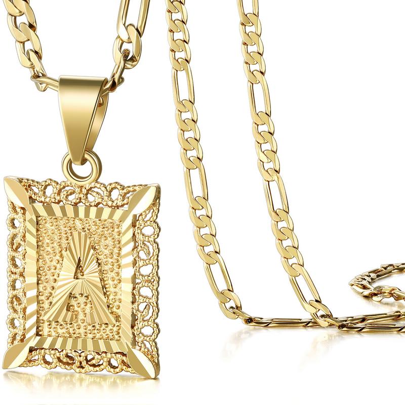 KissYan Initial Letter Pendant Necklace for Men Womens, 14K Gold Plated Square Capital Monogram Necklace Alhpabets from A-Z Figaro Chain Necklace Valentine's Day Gifts