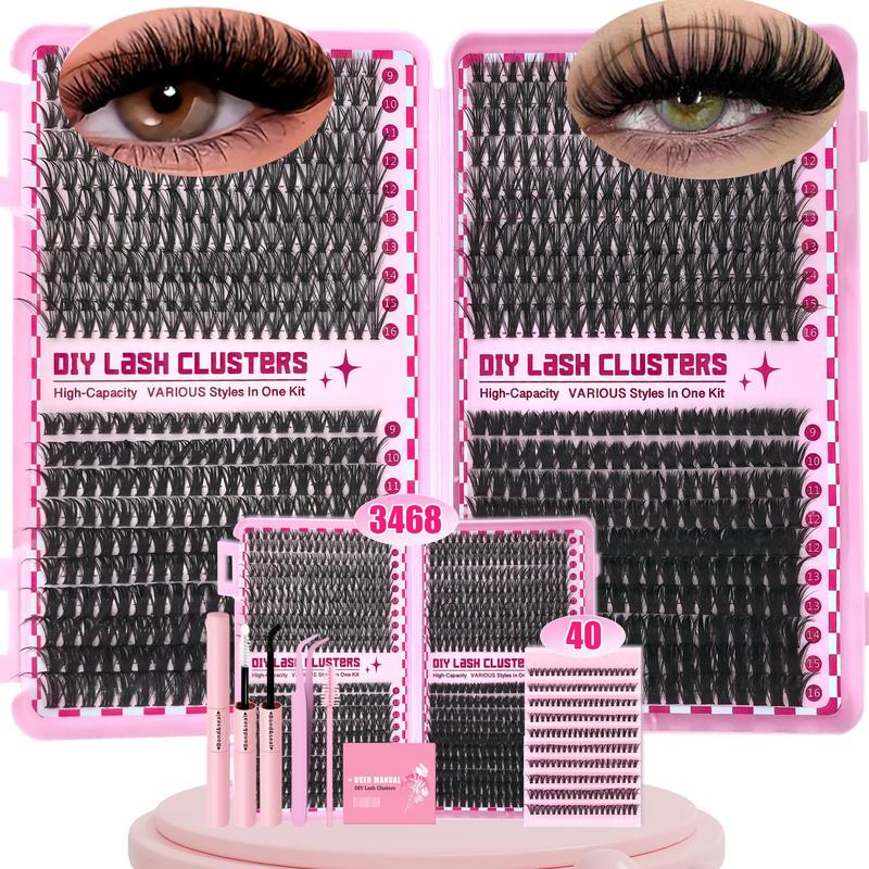 4-in-1 Eyelash Extensions Kit, Eyelash Falsies, False Eyelash Cluster Kit with Bond and Seal, Tweezers and Brush Eyelash Tools, Asian Doll Lash Clusters, Eye Makeup Accessories for Women & Girls, DIY Eyelash Extensions Cosmetic, Eyelash Glue Extension