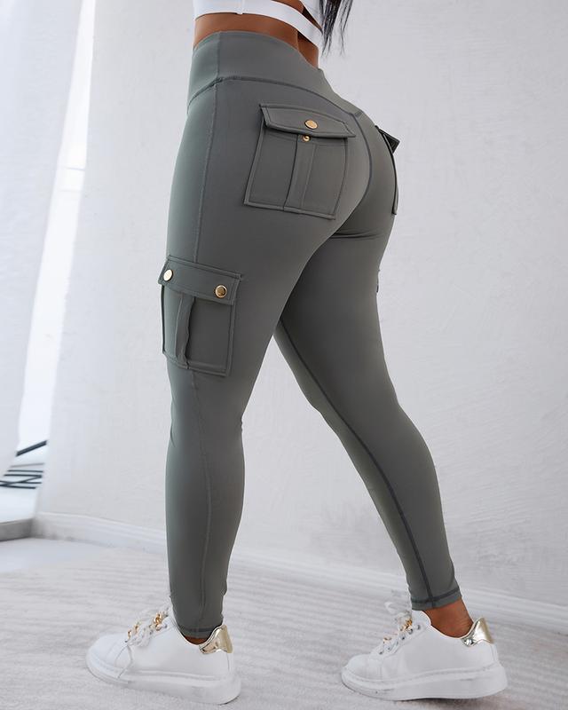 CHICME Womens Butt Lifting Leggings with Flap Pockets/ High Waist Tummy Control Workout Cargo Leggings/High Waist Tummy Control Leggings Yoga Pants Gym Sportswear Bottoms