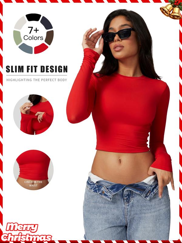 Women's Solid Round Neck Compression Sports Tee, Quick Drying Long Sleeve Crew Neck Crop T-shirt, Ladies Sportswear for Indoor Outdoor Wear, Valentine's Day Gift for Girl, Athletic Top