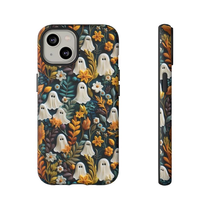 Cartoon Ghost & Floral Pattern Phone Case, 1 Count Decorative Phone Protector Cover, Phone Accessories Compatible with iPhone 11 12 13 14 15 Pro Max Series