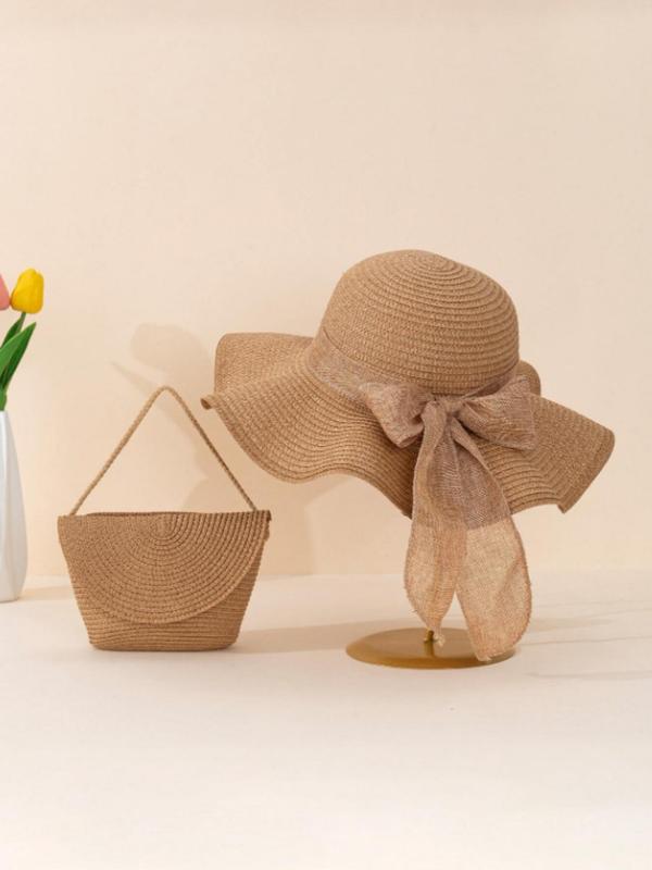 Women's Boho Style Straw Hat & Bag, Trendy Sun Hat & Bag, Fashionable Beach Hat & Bag Set for Women & Girls