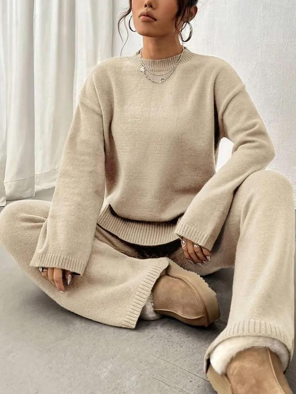 Women's Solid Crewneck Drop Shoulder Long Sleeve Split Hem Sweater & Elastic Waist Straight Leg Pants Two-piece Casual Lounge Set, Casual Fashion Cozy Knitwear Set for Daily Outdoor Wear, Women Knitwear for Fall & Winter, Womenswear