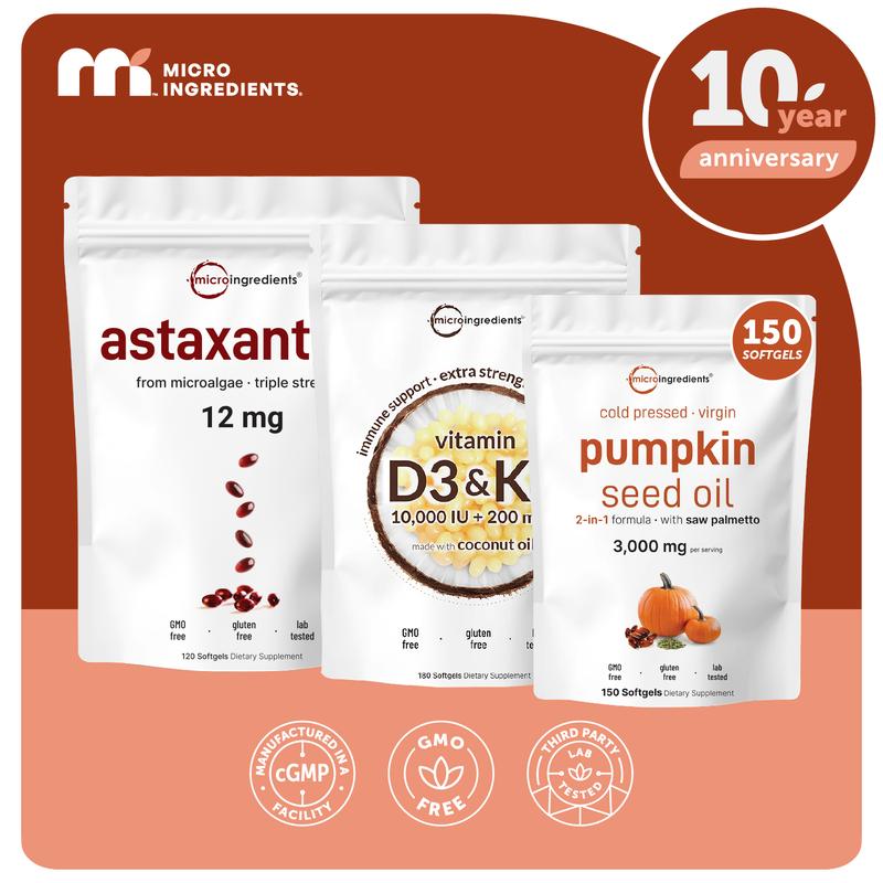 Emily May’s Glow Hair bundle: Astaxanthin 120 Softgels, Pumpkin Seed Oil 150 Softgels, Vitamin D3 K2 10000IU 180 Softgels