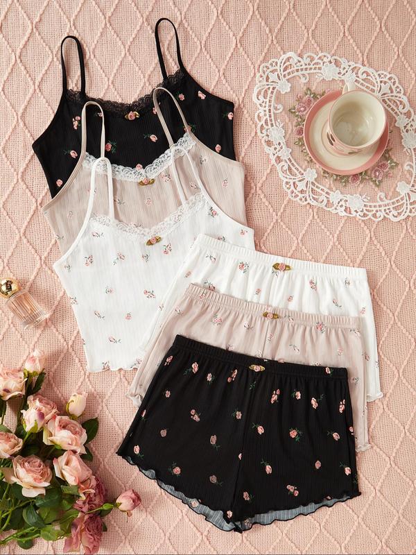 Women's Halloween Themed Ditsy Floral Print Cami Top & Lettuce Trim Shorts Pyjama Two-piece Set, Summer Outfits 2024, Casual Comfortable Loungewear Set, Ladies Sleepwear for All Seasons,  Fall Outfits 2024